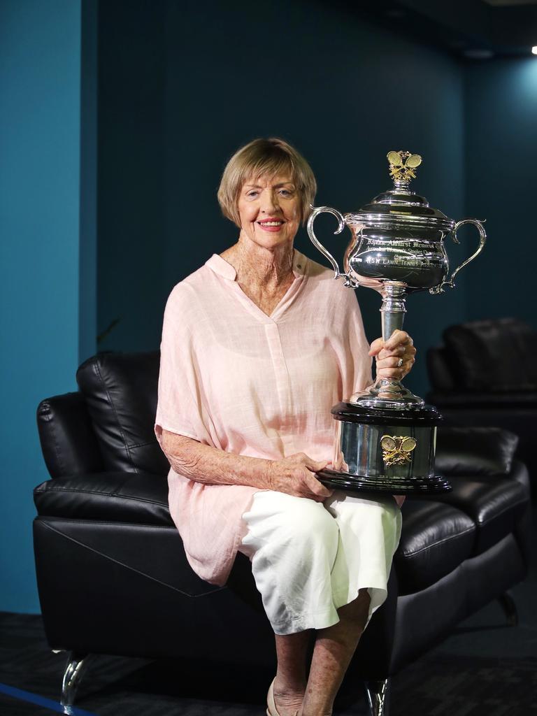 Margaret Court, pictured with a commemorative Daphne Akhurst Memorial Cup.