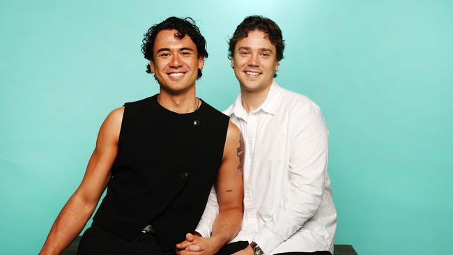 Home and Away actor Lukas Radovich and his partner, Australian Kelpies player Liam Forcadilla. Picture: Rohan Kelly