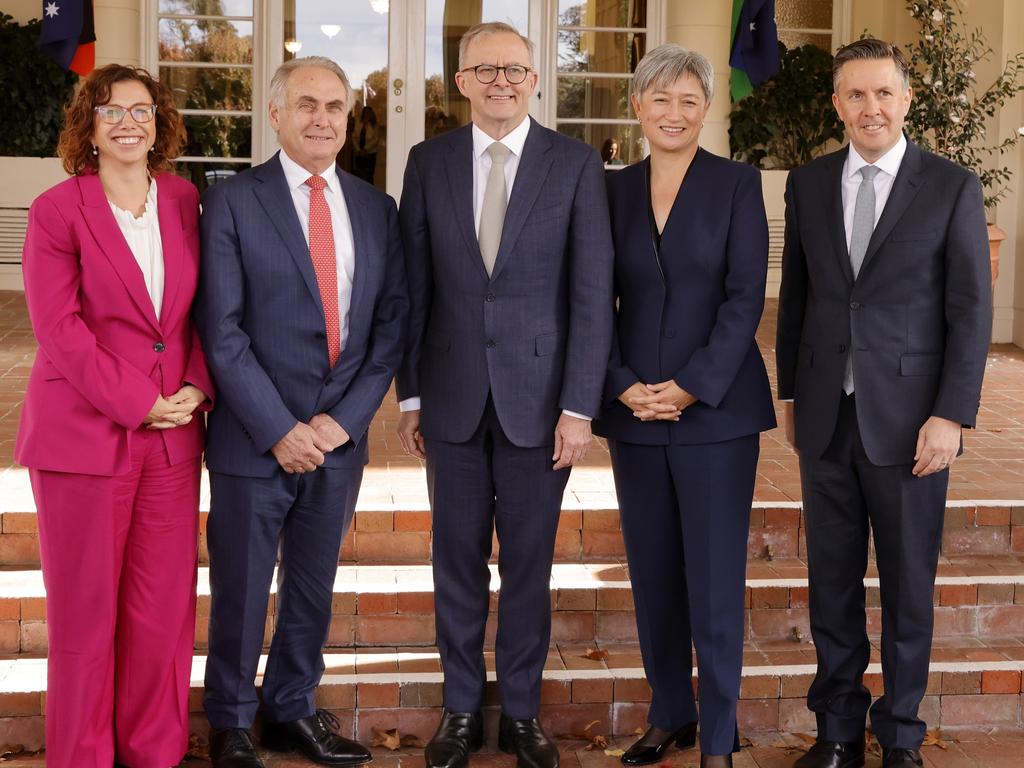 Prime Minister Anthony Albanese poses with his Ministers from South Australia after a swearing-in ceremony at Government House.