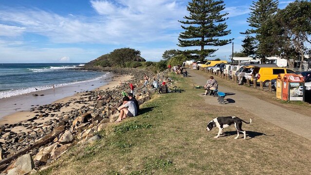 Onlookers watching the swell at Crescent Head. Pic Dan Mills