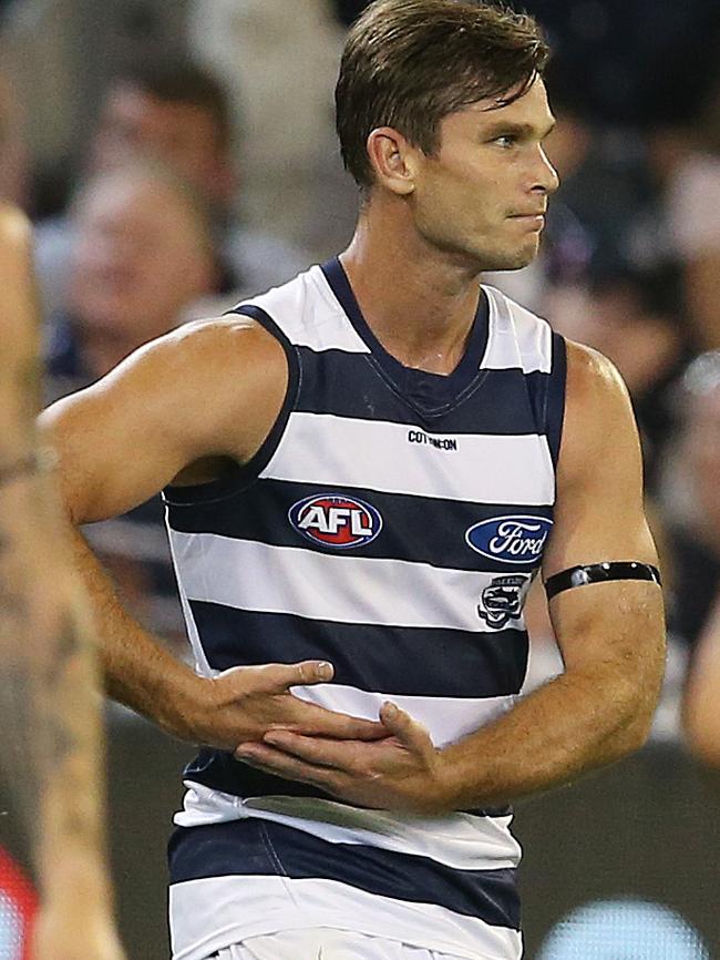 Tom Hawkins celebrates a goal by gesturing in honour of two-day-old Primrose. Pic: Michael Klein.