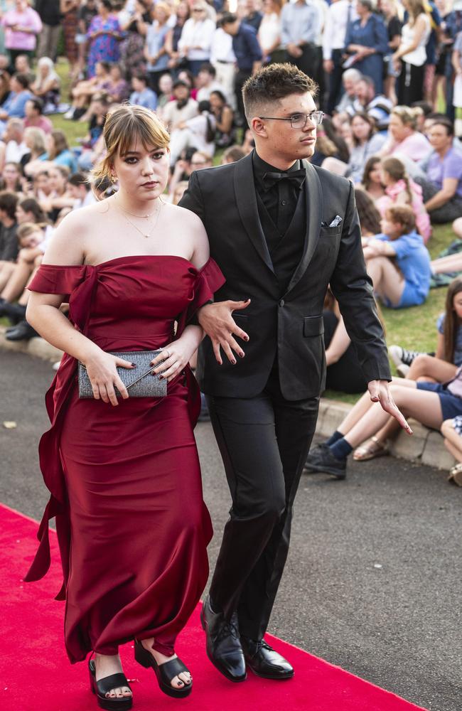 Graduate Zachary Jumper and partner Emily Gillett arrive at Mary MacKillop Catholic College formal at Highfields Cultural Centre, Thursday, November 14, 2024. Picture: Kevin Farmer