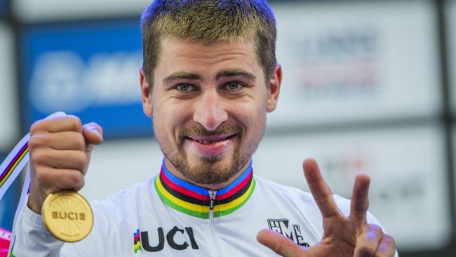 Peter Sagan celebrates winning the road race of the UCI Cycling Road World Championships last year. Picture: AFP PHOTO