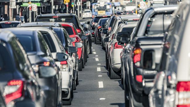 Rush-hour traffic gridlock on busy Sydney main road. Population increase in the city has been under scrutiny.