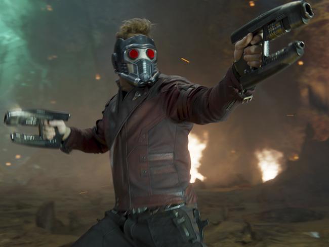 Pratt’s Star-Lord has all guns blazing in a scene from Guardians Of The Galaxy Vol. 2. Picture: Disney-Marvel