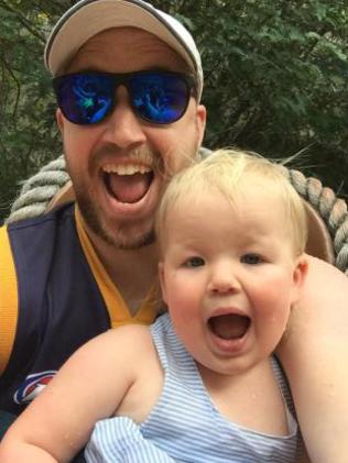 WIN TV sports journalist Brent Costelloe with daughter Lila, 2, on the Thunder River Rapids ride on Tuesday. Picture: SUPPLIED.