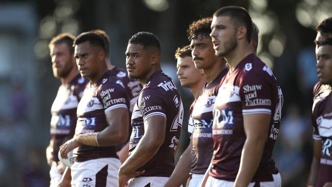 SYDNEY, AUSTRALIA - FEBRUARY 28: Sione Fainu of the Sea Eagles and his teammates looks dejected after a Tigers try during the NRL Trial Match between the Wests Tigers and the Manly Sea Eagles at Leichhardt Oval on February 28, 2021 in Sydney, Australia. (Photo by Mark Kolbe/Getty Images)