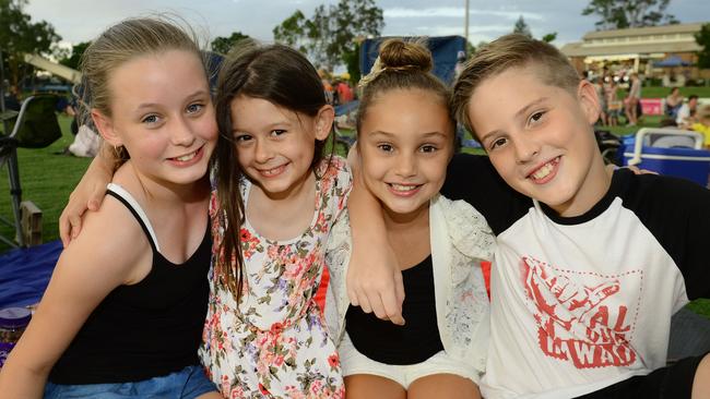 Lilli White, 11, Bella White, 7, Ella Campbell, 7, and Tom Campbell, 11, celebrated New Year’s Eve 2014 at North Ipswich Reserve. Picture: David Nielsen