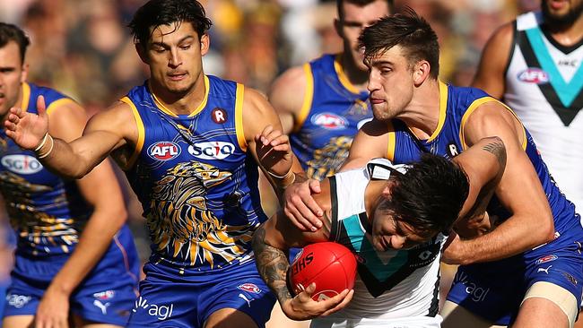 Chad Wingard goes in hard against West Coast. Picture: Paul Kane (Getty Images)