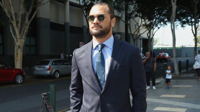 Karmichael Hunt leaves the Magistrates Court in Brisbane.