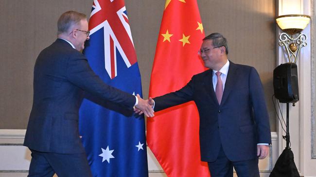 Let’s shake on it … Anthony Albanese meets China’s Premier Li Qiang in Jakarta on Thursday. Picture: AAP