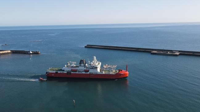 The RSV Nuyina leaves the port of Burnie after refulling, bound for Antarctica. Picture: Shayne Andrews