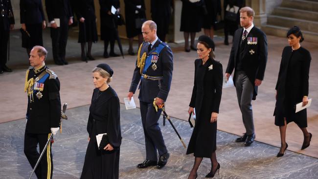 Prince Edward, Earl of Wessex and Sophie, Countess of Wessex, followed by the Prince and Princess of Wales, and Duke and Duchess of Sussex walk behind the coffin of Queen Elizabeth II into Westminster Hall on September 14 in London. Picture: Getty Images