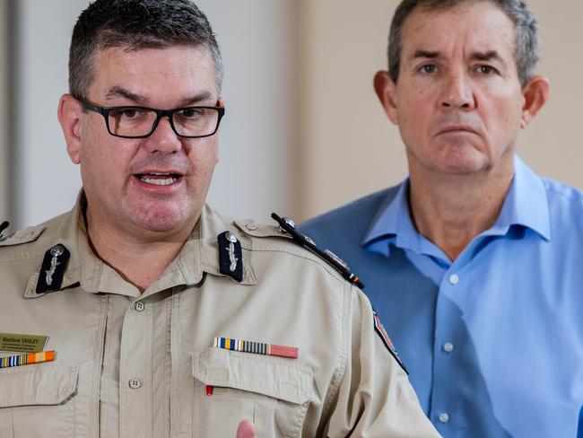 Corrections Commissioner Matthew Varley and NT deputy Chief Minister Minister Gerard Maley speaking outside of NT Parliament on Thursday ahead of a vote on a bill that will allow private contractors to take on prison officer roles. Picture: Pema Tamang Pakhrin