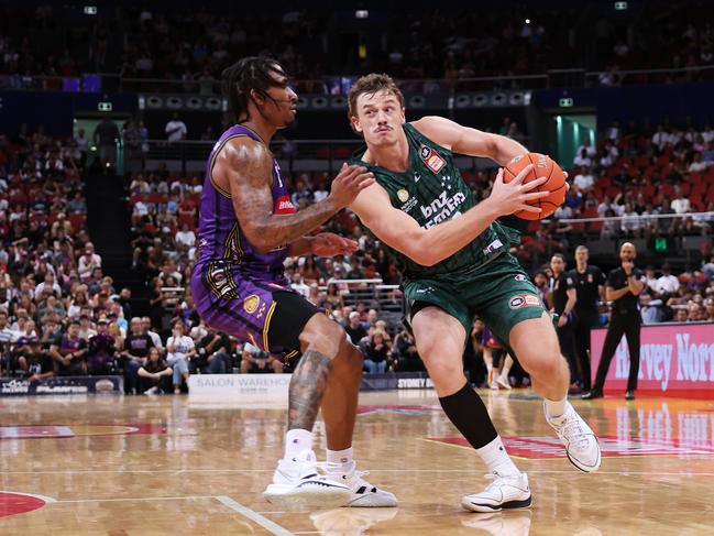 Finn Delany of the Breakers drives to the basket during the NBL Play-In Qualifier match between Sydney Kings and New Zealand Breakers at Qudos Bank Arena on February 28, 2024 in Sydney, Australia. (Photo by Matt King/Getty Images)