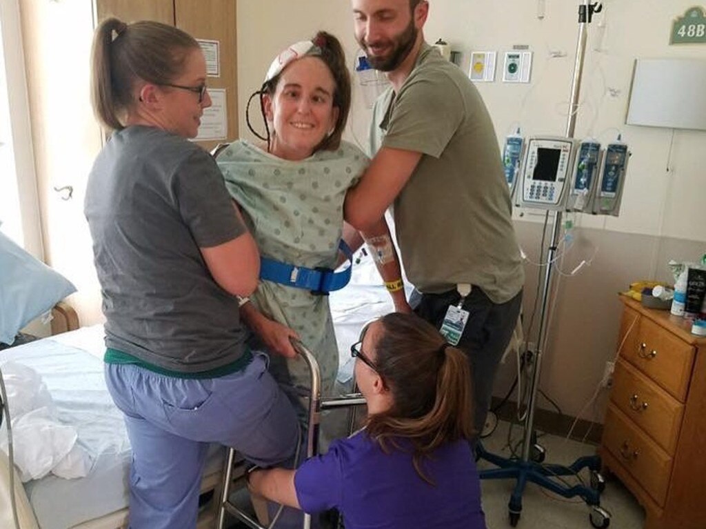 Mary Catherine being helped up in hospital in June 2017. Picture: Media Drum World / Australscope