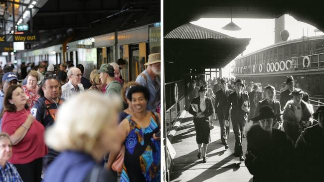 Left, modern commuters at Circular Quay, and right, Max Dupain’s beautiful photograph of morning commuters embarking from a ferry in 1938.