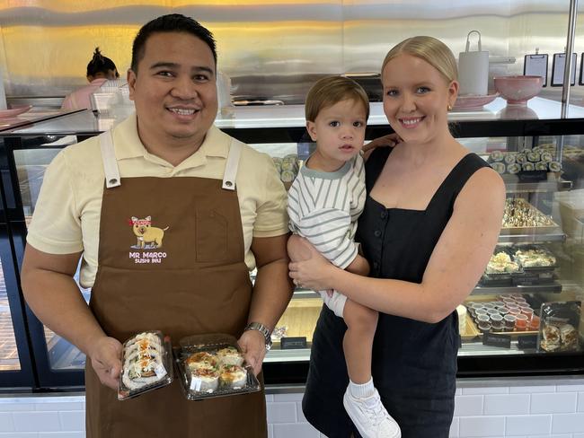 Paolo, Lucas, 2, and Sharna Baldonado are excited to expand Mr Marco Sushi Inu into Domain Central. Picture: Leighton Smith.