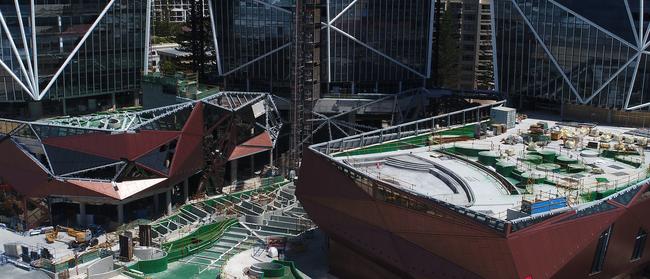 Aerial view of Jewel worksite lower podiums after workers walked off the job. Picture Glenn Hampson