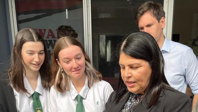 Education Minister Grace Grace discusses with students how new construction at Kepnock SHS will look.