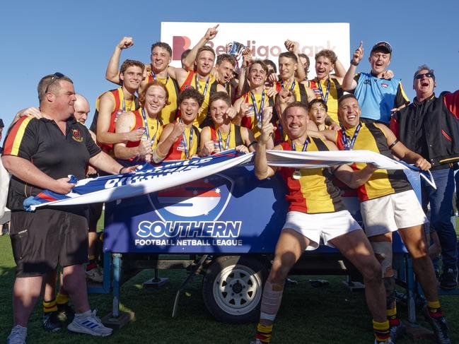 SFNL Division 1 grand final: Cranbourne v Cheltenham at RSEA Park. Cheltenham players celebrate they narrow victory. Picture: Valeriu Campan