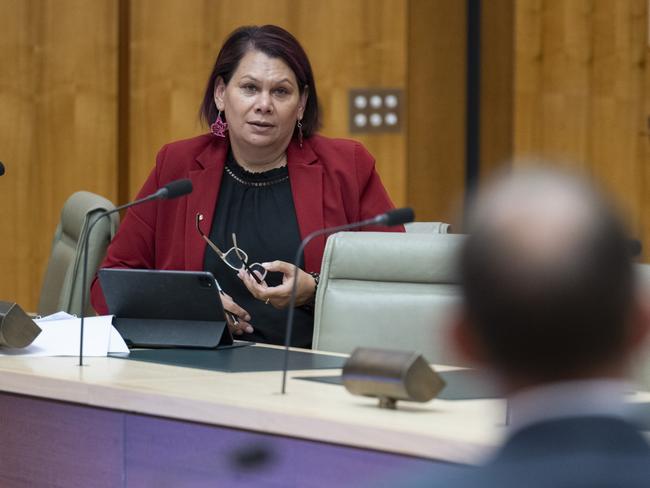 Greens Senator Dorinda Cox questions Tony Abbott. Picture: Martin Ollman/NCA NewsWire