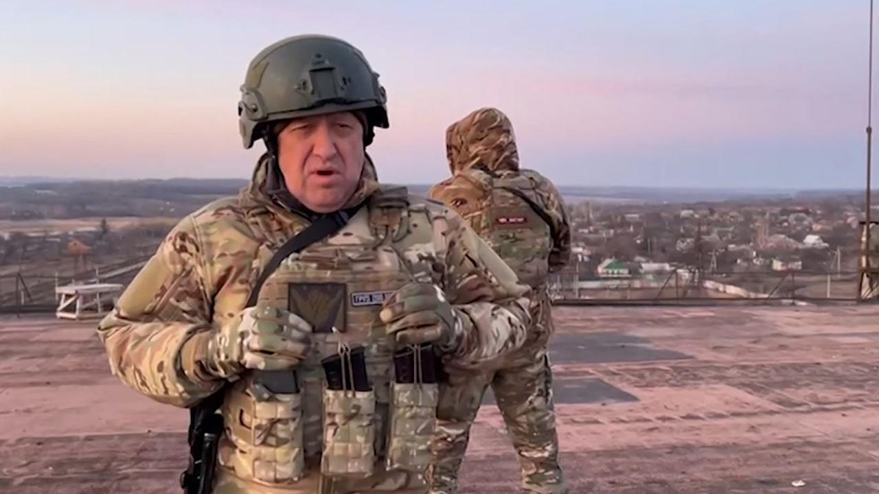 Yevgeny Prigozhin, the chief of the Russian paramilitary Wagner group, speaking to the camera from a rooftop at an undisclosed location. Picture: @concordgroup_official/AFP