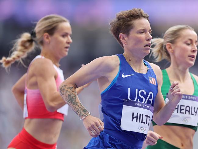 PARIS, FRANCE - AUGUST 06: Nikki Hiltz of Team United States  competes during the Women's 1500m Round 1 on day eleven of the Olympic Games Paris 2024 at Stade de France on August 06, 2024 in Paris, France. (Photo by Christian Petersen/Getty Images)