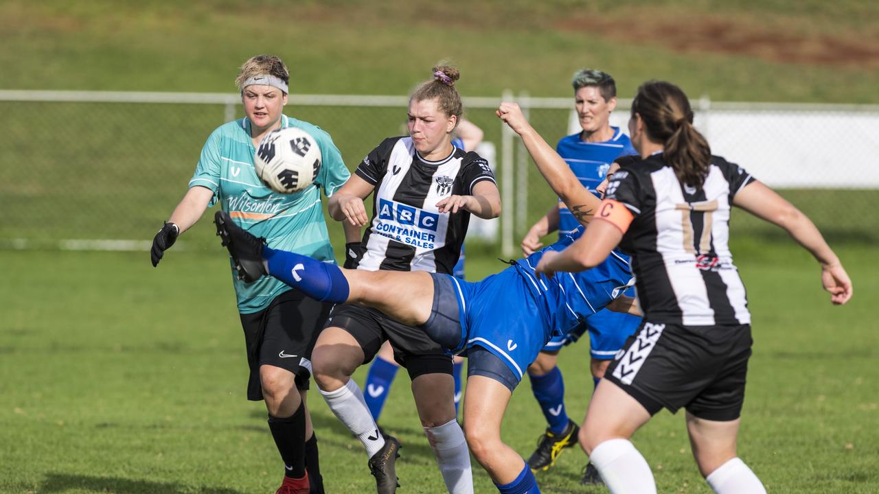 Willowburn player Sophie Fuller (second, from left) attempts to get to the ball ahead of Rockville Rovers keeper Kirsty O'Toole (left) and defender Danika Kettles in Toowoomba Football League Premier Women round one at West Wanderers, Sunday, March 14, 2021. Picture: Kevin Farmer