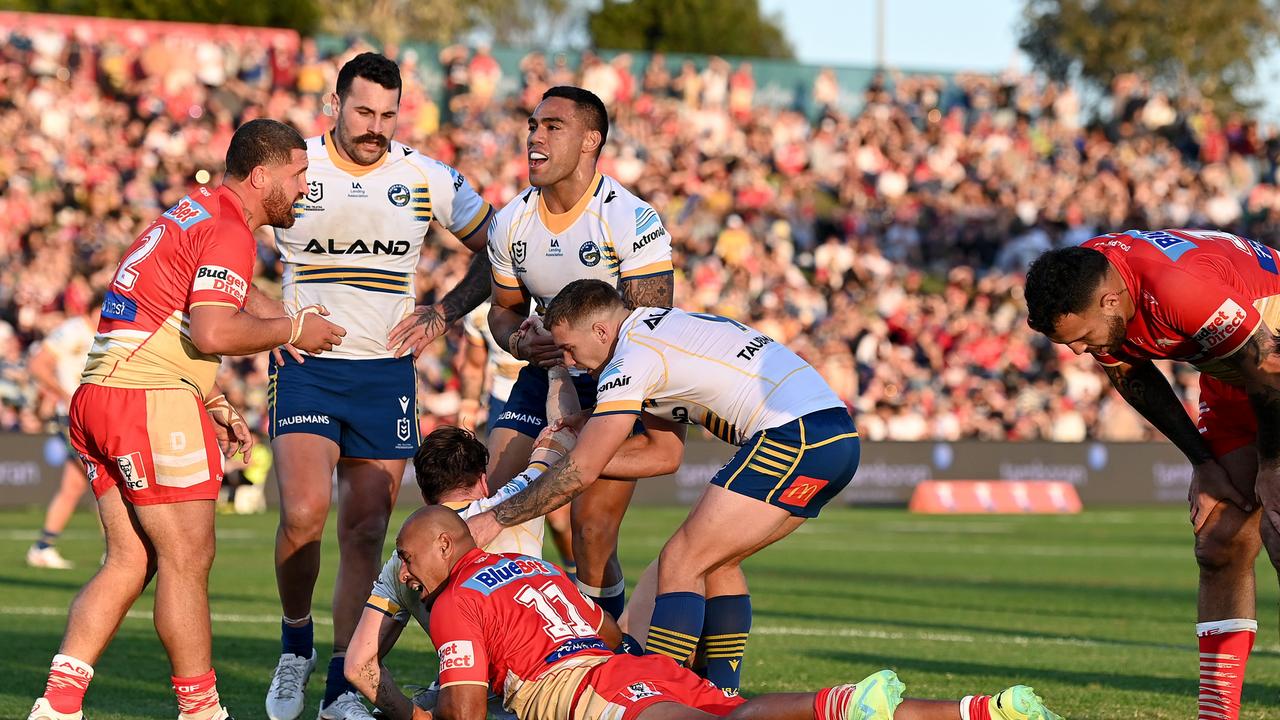 The Eels celebrate one of seven first half tries. (Photo by Bradley Kanaris/Getty Images)