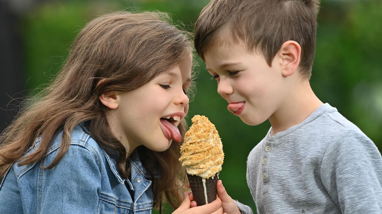 Lucy Langhans, 7, and her brother Jack, 3, tried Shibui's Vegemite on ‘Toast’ – soft serve ice cream. . Picture: Keryn Stevens