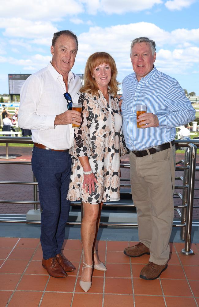 MELBOURNE, AUSTRALIA – OCTOBER 16 2024 Greg, Jill and David at the Caulfield Social race day at Caulfield racecourse on Wednesday 16th October, 2024 Picture: Brendan Beckett