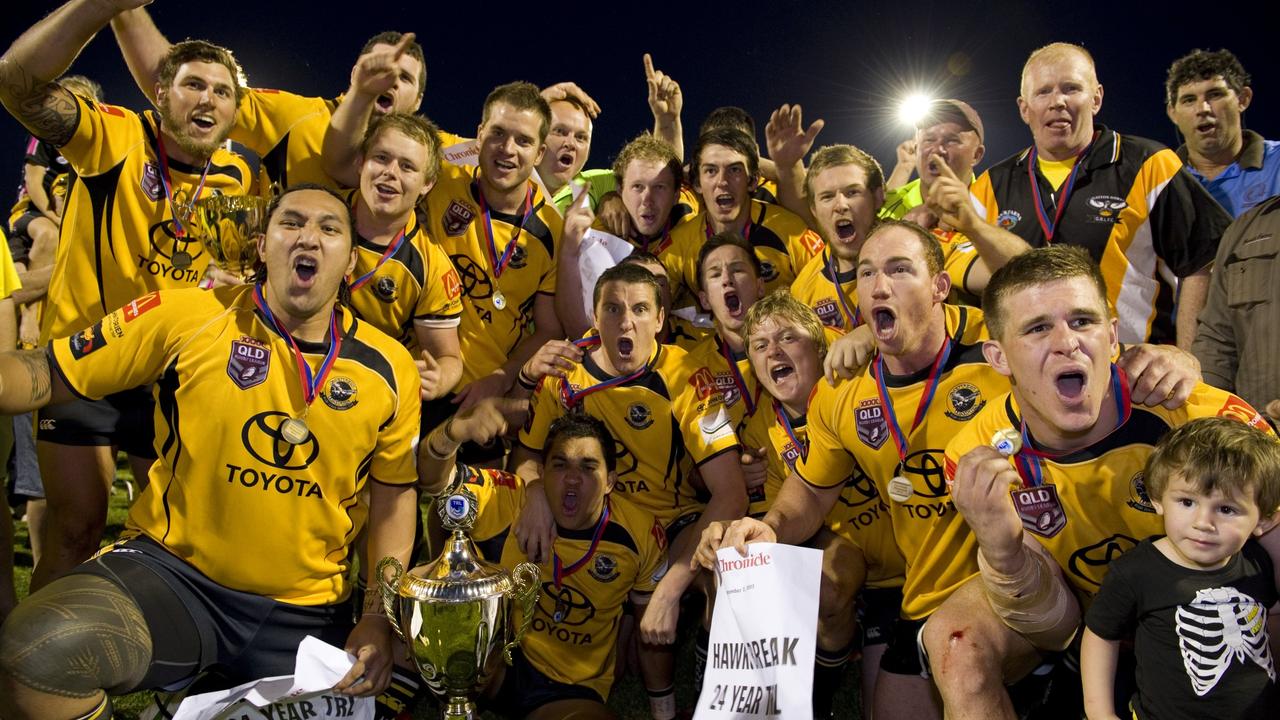 Gatton Hawks celebrate their win against Valleys Roosters in the TRL grand final, Toowoomba Rugby League grand final at Clive Berghofer Stadium, Sunday, September 01, 2013. Photo Kevin Farmer / The Chronicle