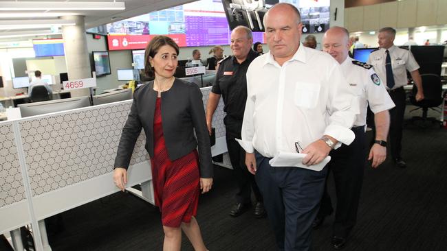 NSW Premier Gladys Berejiklian and NSW Emergency Services Minister David Elliott are seen at NSW Rural Fire Service (RFS) Headquarters. Picture: AAP