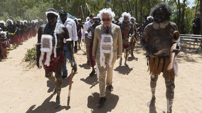 Prince Charles arrives for a Welcome to Country Ceremony at Mt Nhulun in Gove, Arnhem Land. Pictures: AAP