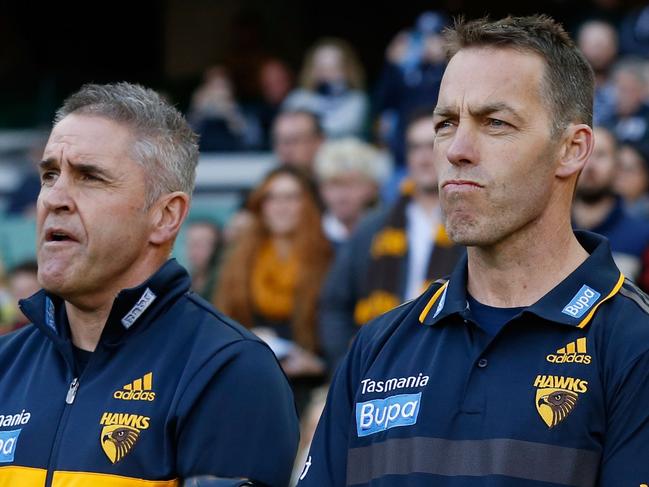 MELBOURNE, AUSTRALIA - SEPTEMBER 5: (L-R) Chris Fagan, Alastair Clarkson and Brett Ratten look on during the 2015 AFL round 23 match between the Hawthorn Hawks and the Carlton Blues at the Melbourne Cricket Ground, Melbourne, Australia on September 5, 2015. (Photo by Michael Willson/AFL Media)