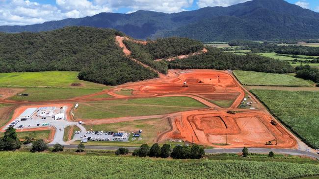 Aerial view of the Cairns Water Security Project Stage One construction site, north of Gordonvale. The $472 million project will generate a new drinking water supply from the Mulgrave River once completed in 2026. Prime Minister Anthony Albanese says he needs more information from the Cairns Council before he can invest additional federal funds. Picture Brendan Radke