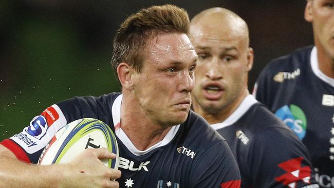 Dane Haylett-Petty of the Rebels runs with the ball during the Round 3 Super Rugby match between the Melbourne Rebels and the Highlanders at AAMI Park in Melbourne, Friday, March 1, 2019. (AAP Image/Daniel Pockett) NO ARCHIVING, EDITORIAL USE ONLY