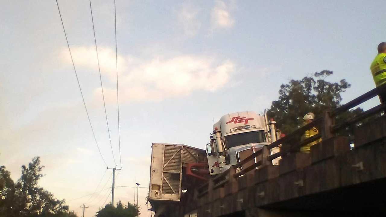 A semi trailer had collided with the guard rail of the Kynnumboon bridge. Picture: Gail Watson