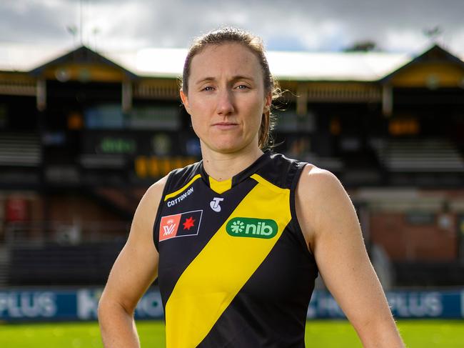 MELBOURNE, APRIL 19, 2024: Richmond AFLW player Rebecca Miller. Bec is pictured in from the of the Jack Dyer Stand at Punt Road Oval. Picture: Mark Stewart