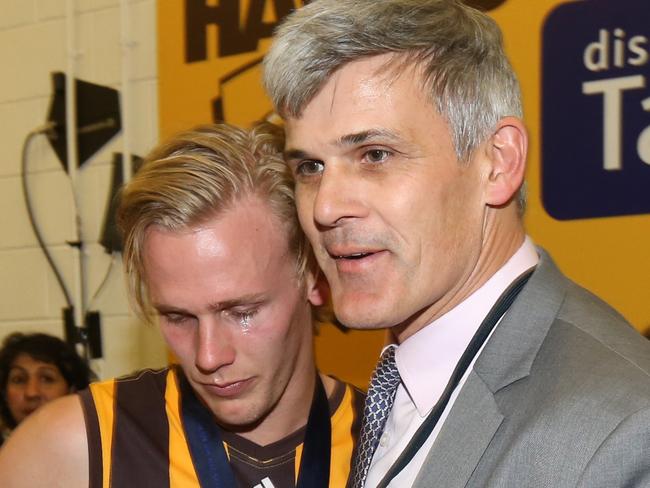 2014 AFL Grand Final match between Hawthorn Hawks and the Sydney Swans at the MCG Melbourne Cricket Ground on September 27, 2014. Hawthorn's Will Langford and his father Chris, former player. Picture: Alex Coppel.