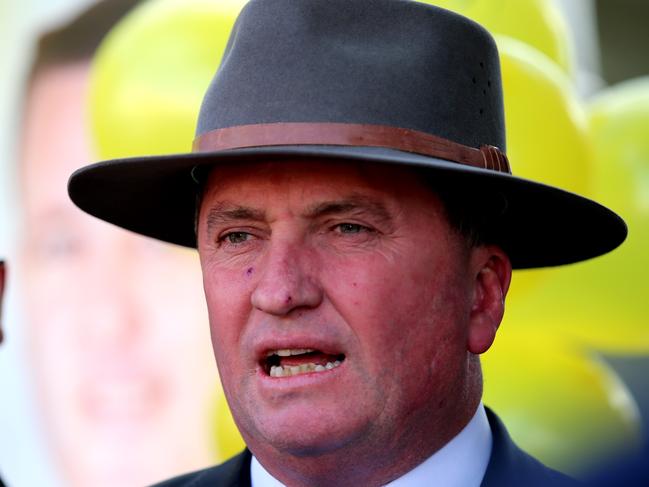 On the Road With deputy Prime Minister Barnaby Joyce. Barnaby opens the launch of Marty Corboy in Wangaratta. Barnaby Joyce puts his hat on Fiona Nash. Picture: Alex Coppel.