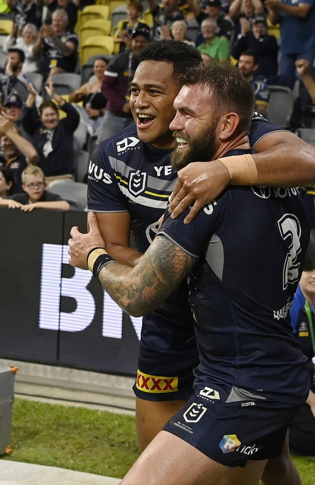 Kyle Feldt of the Cowboys celebrates after scoring a try. Picture: Getty Images