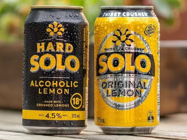 An alcoholic Hard Solo next to its namesake, a Solo soft drink.