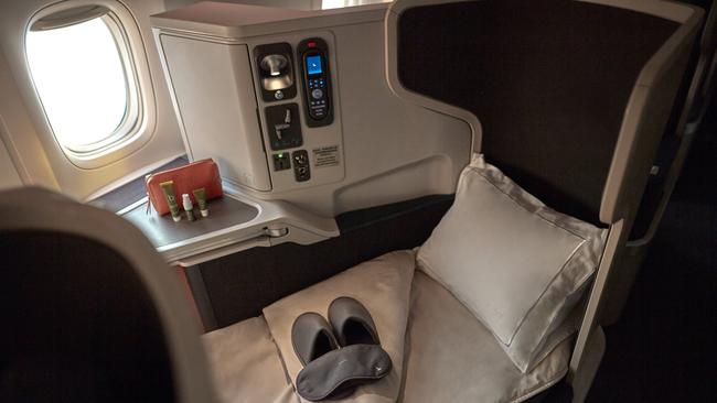 Cathay Pacific business class on the Airbus A350; everything there for a good night sleep except pyjamas.