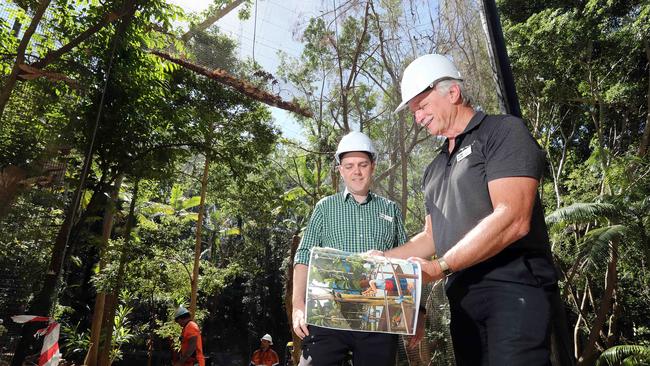 The Aviary earlier this year when it was being revamped. Park General Manager Michael Kelly (L) and Technical Services Manager Ken Stiller at the site. Picture: Richard Gosling