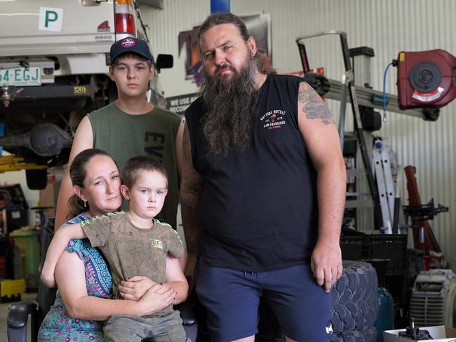 The Sellers family has been thrown into turmoil by the housing and accommodation crisis smashing Mackay. Pictured are mum and dad Melanie and Mark with two of their 10 children, Zacharia, 6, and Elijah, 15. Picture: Heidi Petith