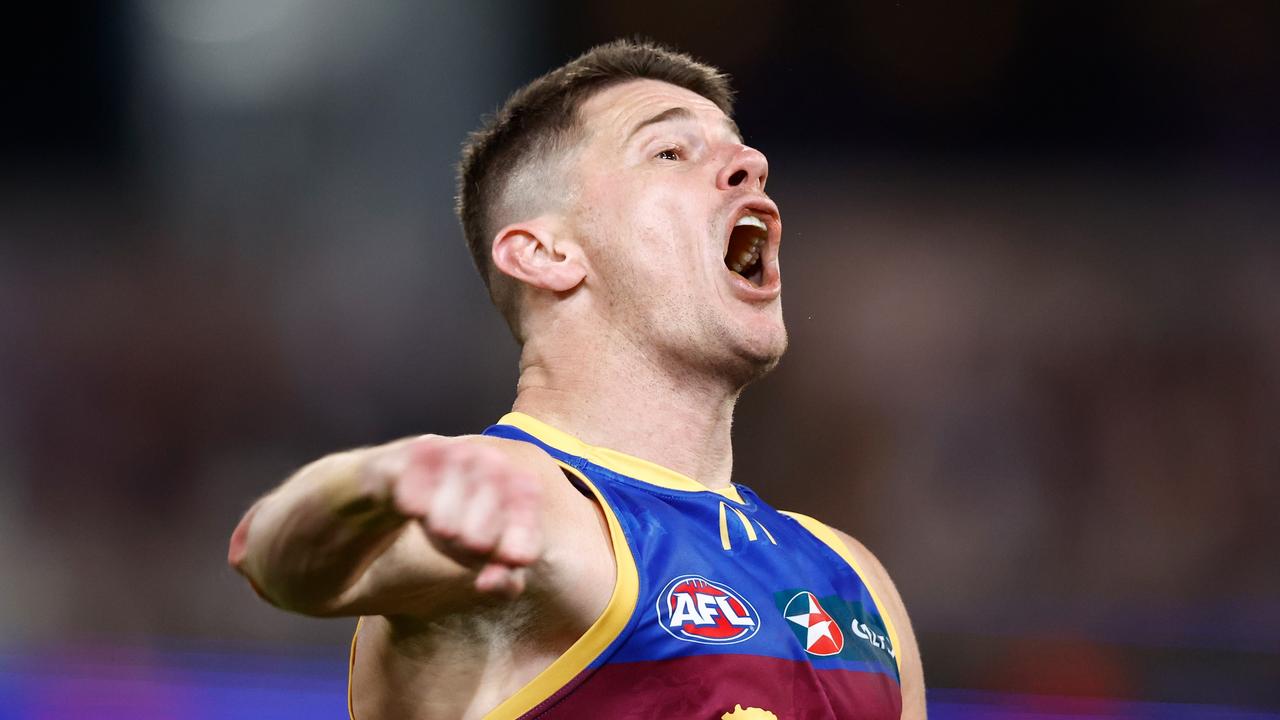 BRISBANE, AUSTRALIA - SEPTEMBER 09: Dayne Zorko of the Lions celebrates a goal during the 2023 AFL Second Qualifying Final match between the Brisbane Lions and the Port Adelaide Power at The Gabba on September 09, 2023 in Brisbane, Australia. (Photo by Michael Willson/AFL Photos via Getty Images)