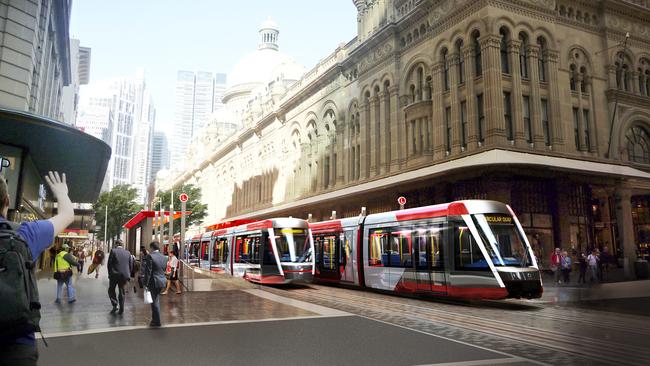 An artist impression of the Sydney light rail at the Queen Victoria Building. Picture: NSW Department of Transport and Infrastructure