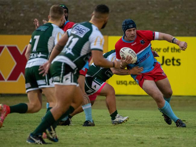 Brothers strongman Luke O'Doherty charges the Jets line in the Rugby League Ipswich A-Grade qualifying final. Picture: Bruce Clayton